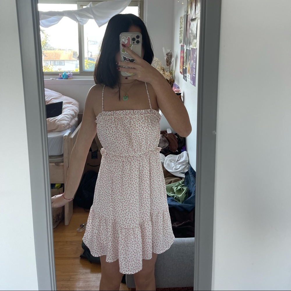 white and pink floral babydoll mini dress